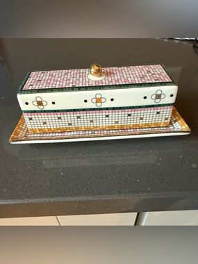 Porcelain Covered Butter Dish with Pink, Green and Gold Mosaic Pattern